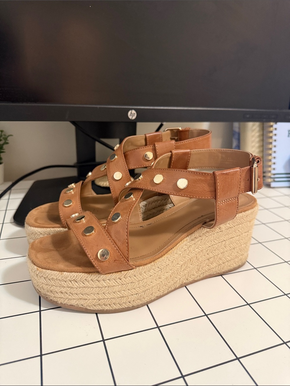 H& M Tan Studded Espadrille Wedge Sandals - Women's
